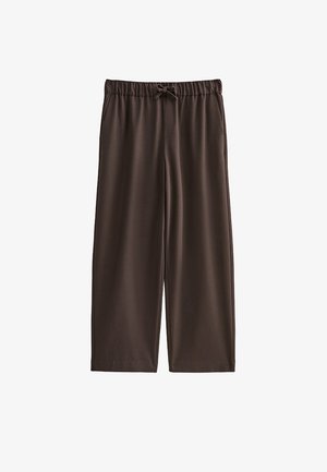 Pantaloni marroni a gamba larga con cintura elastica e coulisse, dotati di tasche laterali, mostrati su sfondo bianco.