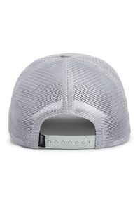 White mesh cap with a curved brim, featuring a plastic adjustable strap at the back, showing branding tag on the side.