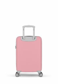 Harde koffer in het roze met een textuur, zilveren telescopische handgreep en vier soepel rollende wielen. Ritssluiting aan de zijkant.