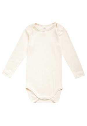 Body per bambini con maniche lunghe in morbido tessuto avorio, con scollatura arrotondata e chiusura a pressione sul fondo per una facile vestizione.