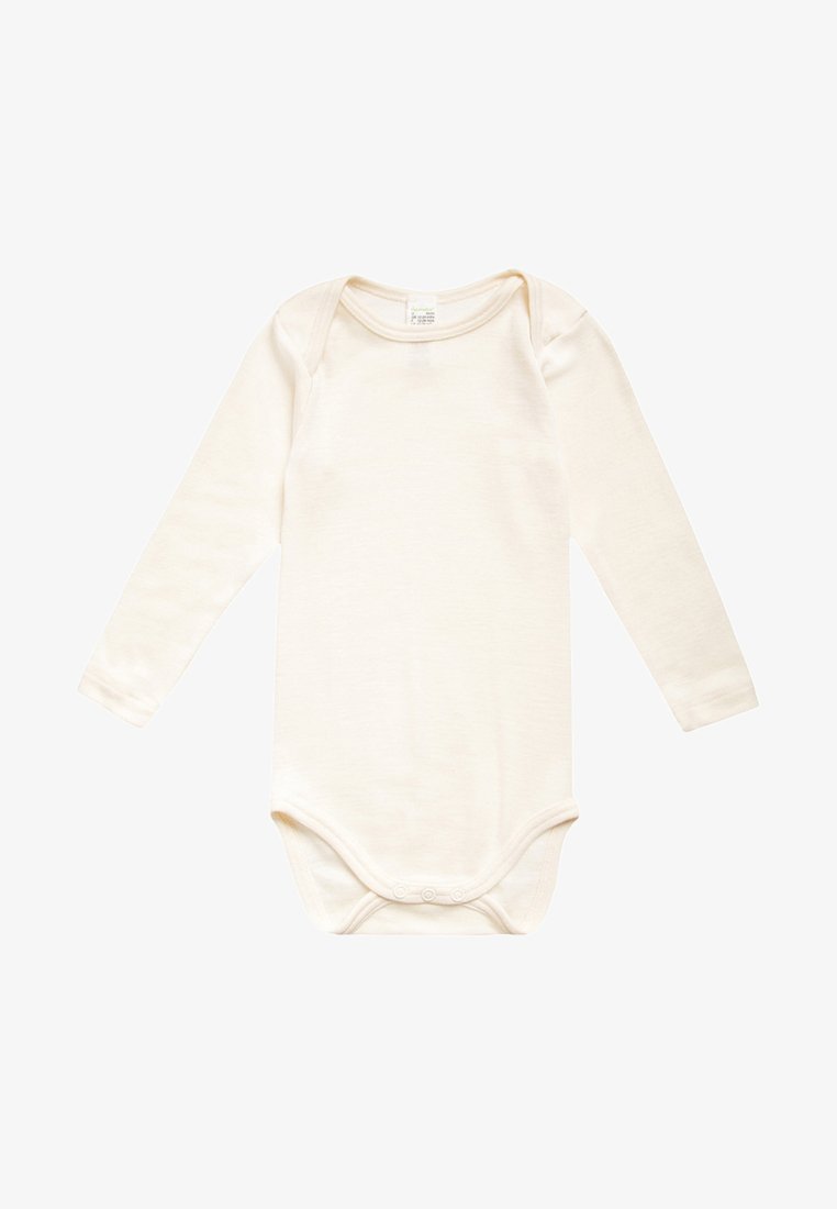 Langsleeve baby body in zachte crème stof met een ronde halslijn en drukknoopsluiting onderaan voor gemakkelijk aankleden.