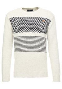 Hellbeiger Pullover mit navyblauen geometrischen Mustern über der Brust; runder Ausschnitt, lange Ärmel, gerippte Bündchen und Saum, weiche Textur.