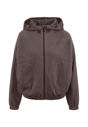 Fleece-Zip-up-Hoodie in Dunkelgrau, mit einer Kapuze mit Kordelzug, Fronttaschen, elastischen Bündchen und einem lässigen Schnitt. Glatte Textur.