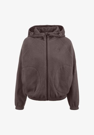 Fleece-Zip-up-Hoodie in Dunkelgrau, mit einer Kapuze mit Kordelzug, Fronttaschen, elastischen Bündchen und einem lässigen Schnitt. Glatte Textur.