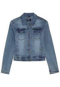 Džínová bunda v světle modré barvě s klasickým límcem, předními cvoky, dvěma náprsními kapsami a dlouhými rukávy. Poškozená textura a zkrácený střih.