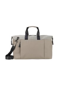 Béžovošedá obdélníková cestovní taška s černými rukojeťmi a nastavitelným ramenním popruhem, přední kapsou na zip a horním zapínáním na zip.