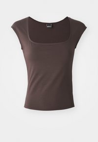 Bruine top met korte mouwen en een vierkante halslijn, gemaakt van gladde stof. Heeft een fitted ontwerp en schone, gezoomde randen.