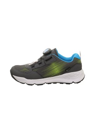 Grauer Sportschuh mit grünen und blauen Netz-Akzenten, der eine strukturierte Oberseite, eine Drehverschluss und eine weiße und schwarze Sohle aufweist.