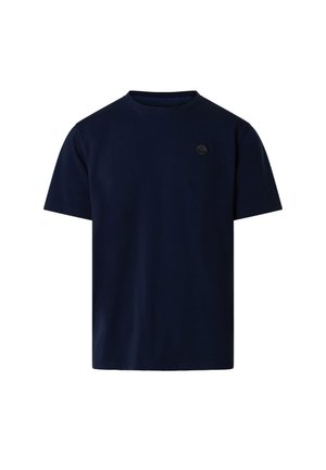 T-shirt blu navy a maniche corte con scollo rotondo e piccolo logo rotondo sul lato sinistro del petto.