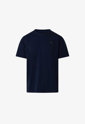 T-shirt blu navy a maniche corte con scollo rotondo e piccolo logo rotondo sul lato sinistro del petto.