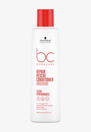 Fles Schwarzkopf BC Bonacure Repair Rescue Conditioner met rode dop, voor beschadigd haar, 200 ml, met nadruk op arginine en schone prestaties.