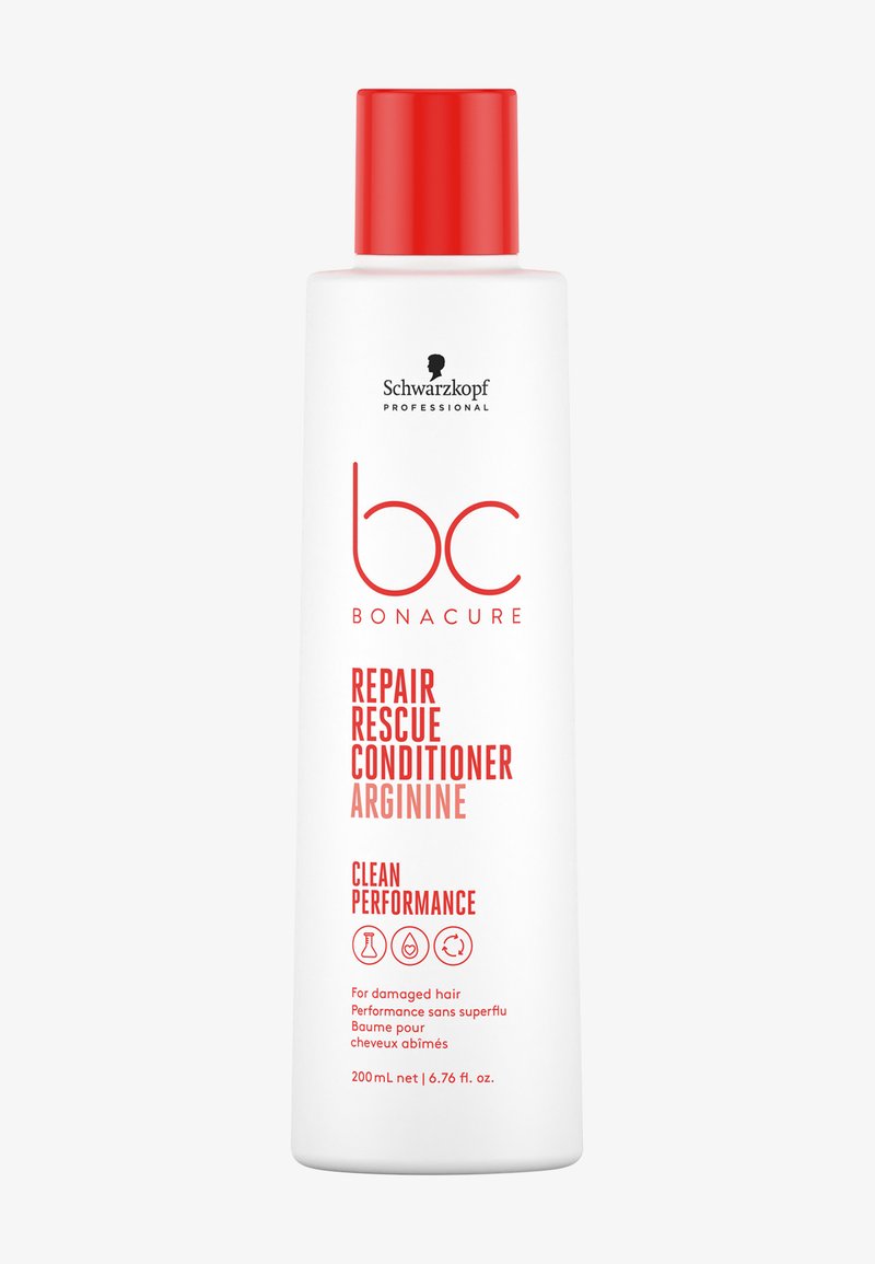 Schwarzkopf BC Bonacure Repair Rescue Conditioner bottle with red cap, for damaged hair, 200 mL, highlighting arginine and clean performance.