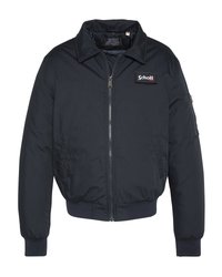 Granatowa kurtka bomberka z zamkiem z przodu, ribbowymi mankietami i dołem, dwoma przednimi kieszeniami oraz naszywką z logo Schott NYC na piersi.