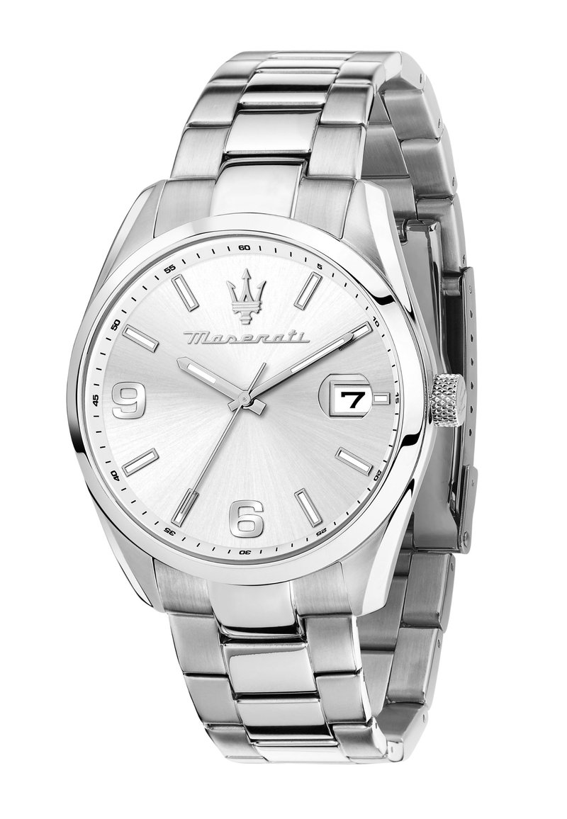 Silver stainless steel watch with a textured dial, numeral markers, date display, and a polished bracelet. Features Maserati branding.