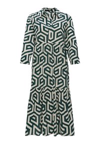 Långärmad klänning med ett triangulärt geometriskt mönster i mörkgrön och krämfärgad. Knäppning fram, figursydd midja och utsvängd nederdel.