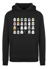 Black hoodie featuring a grid of 20 stylized helmet designs in various colors, including white, yellow, red, and blue accents.