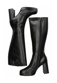 Bottes noires en cuir montantes avec un talon épais, dotées d'une fermeture éclair sur le côté, d'une texture lisse et d'un accent chaîne distinctif près de la base.