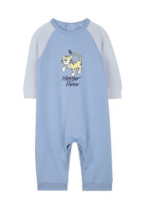 Blaue Baumwolllatzhose mit hellblauen Raglanärmeln, mit einem Cartoon-Tiger-Druck und "Kenzo Paris"-Aufschrift. Druckknöpfe am Boden.