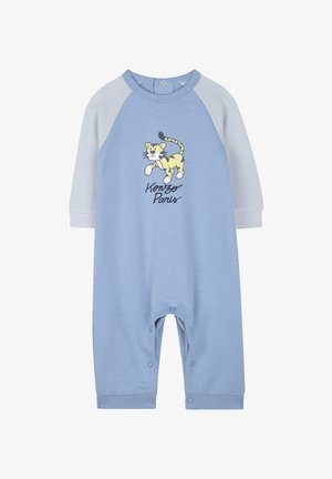 Blauwe katoenen overall met lichtblauwe raglanmouwen, voorzien van een cartoon tijgerafbeelding en de tekst "Kenzo Paris". Drukknoopsluiting aan de onderkant.