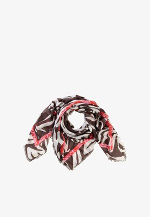 Vierkante sjaal met bruine en witte zebrastripes en een rood geometrisch randje, los gerold met franjes aan de randen.