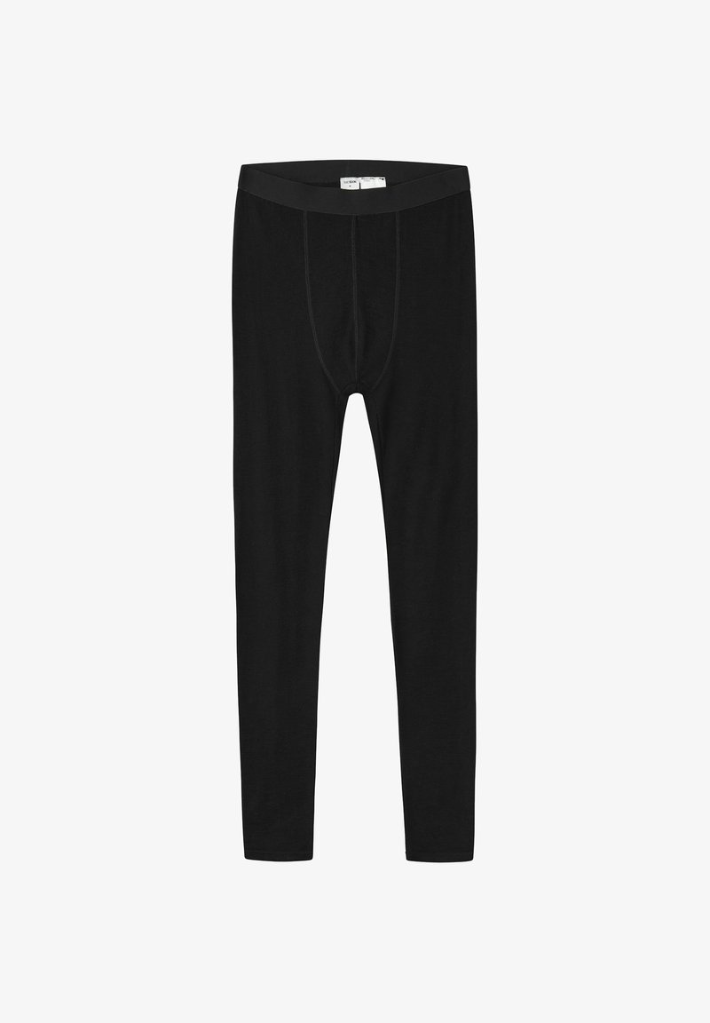 Melni leggins, izgatavoti no mīksta auduma, ar pieguļošu dizainu un platu jostasvietu, kā arī priekšējo kabatu. Nav redzamu rakstu vai akcentu.