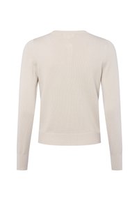 Maglione beige a maniche lunghe con scollatura rotonda, polsini e orlo a costine, realizzato in un morbido tessuto a maglia, con una texture liscia e un design minimalista.