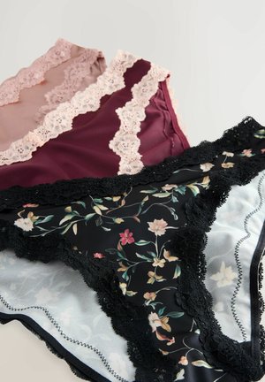 Three pairs of women’s panties: one light pink, one burgundy, and one black floral design. All feature delicate lace trim and soft fabric.