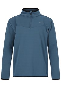 Fleece pulovr s polovičním zipem v tmavě modré barvě, vyrobený z texturované látky. Obsahuje černý výstřih a kontrastní černé detaily na manžetách a lemu.