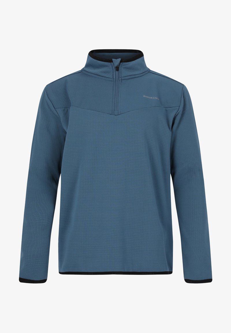 Halbzip-Fleece-Pullover in Dunkelblau, aus strukturiertem Stoff. Mit einem schwarzen Kragen und kontrastierenden schwarzen Akzenten an den Ärmelbündchen und dem Saum.