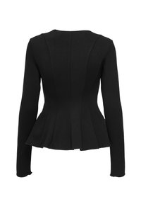 Black peplum jacket with long sleeves, made from textured fabric. Features a fitted bodice with vertical seams and flared lower section.