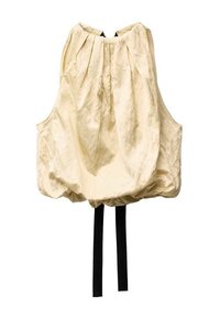 Sleeveless cream top made of lightweight fabric, featuring pleats at the neckline and black ties at the hem for adjustment.