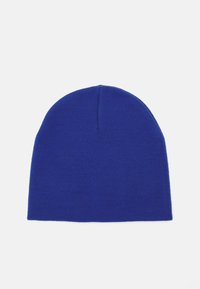 Knit beanie in bright blue, with a smooth texture and rounded top, featuring a central seam running vertically.