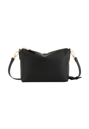 Black rectangular crossbody bag with adjustable strap and gold-tone zipper and clasps on a white background.