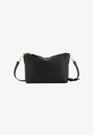 Black rectangular crossbody bag with adjustable strap and gold-tone zipper and clasps on a white background.
