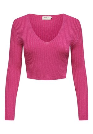 Różowy prążkowany krótki sweter z długim rękawem, dekoltem w serek i subtelnym połyskiem, oznaczony marką ONLY, prezentowany na białym tle.