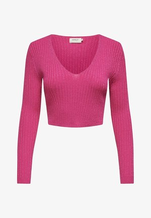 Roze ribgebreide cropped trui met lange mouwen, V-hals en subtiele glans, met label ONLY, afgebeeld op een witte achtergrond.