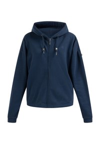 Námořnická modrá mikina na zip vyrobená z měkké tkaniny, s kapucí na šňůrku, dvěma předními kapsami a detailem loga na hrudi.