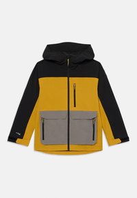 Hoodie-Jacke mit einem Farbblockdesign in Schwarz, Gelb und Grau, mehreren Reißverschlusstaschen und einem strukturierten Stoff.