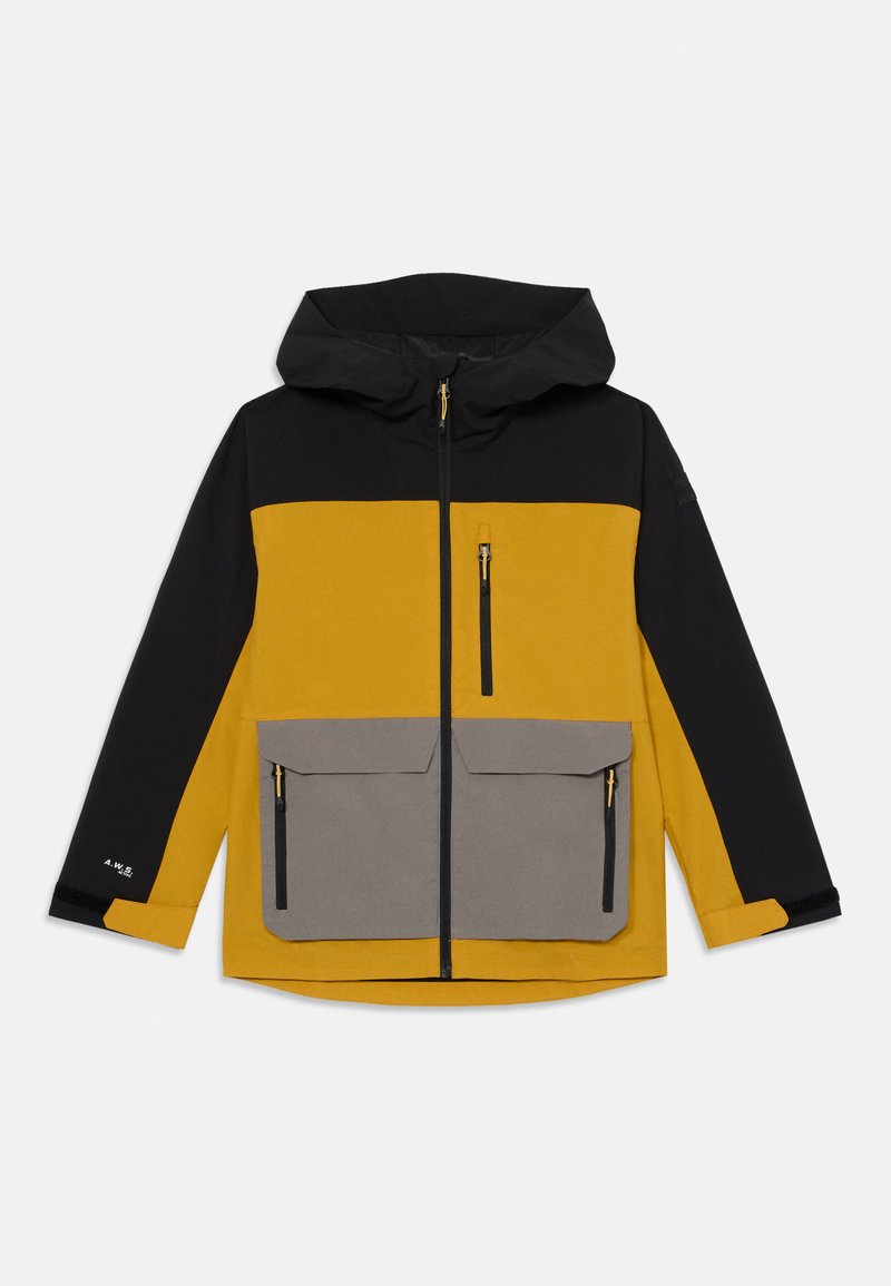 Hoodie-Jacke mit einem Farbblockdesign in Schwarz, Gelb und Grau, mehreren Reißverschlusstaschen und einem strukturierten Stoff.