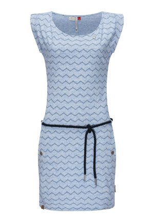 Himmelblaues Kleid mit Zickzackmuster, kurzen Ärmeln, Rundhalsausschnitt und elastischem Bund. Verfügt über dekorative Knöpfe an den Seiten.