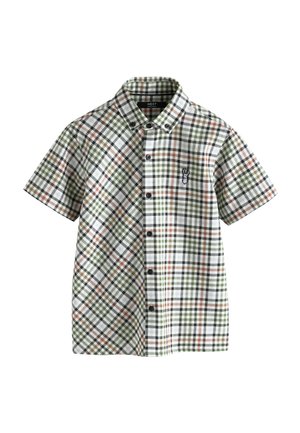 Short-sleeve button-up shirt with green, white, and orange plaid pattern and small embroidered deer head on the chest.