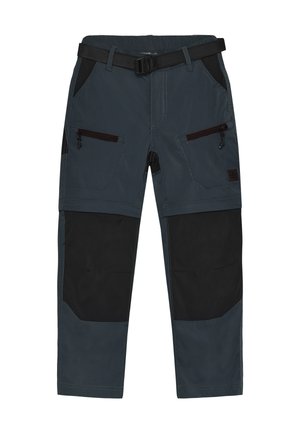 Donkere grijze werkbroeken met zwarte verstevigde knieën, ritszakken op het bovenbeen, steekzakken aan de zijkant en een aangehechte zwarte riem met gesp.