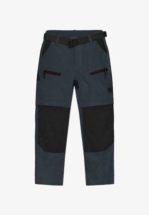 Mørkegrå arbejdsbukser med sorte forstærkede knæ, lynlåslommer på lårene, sidelommer og et tilhørende sort bælte med spænde.