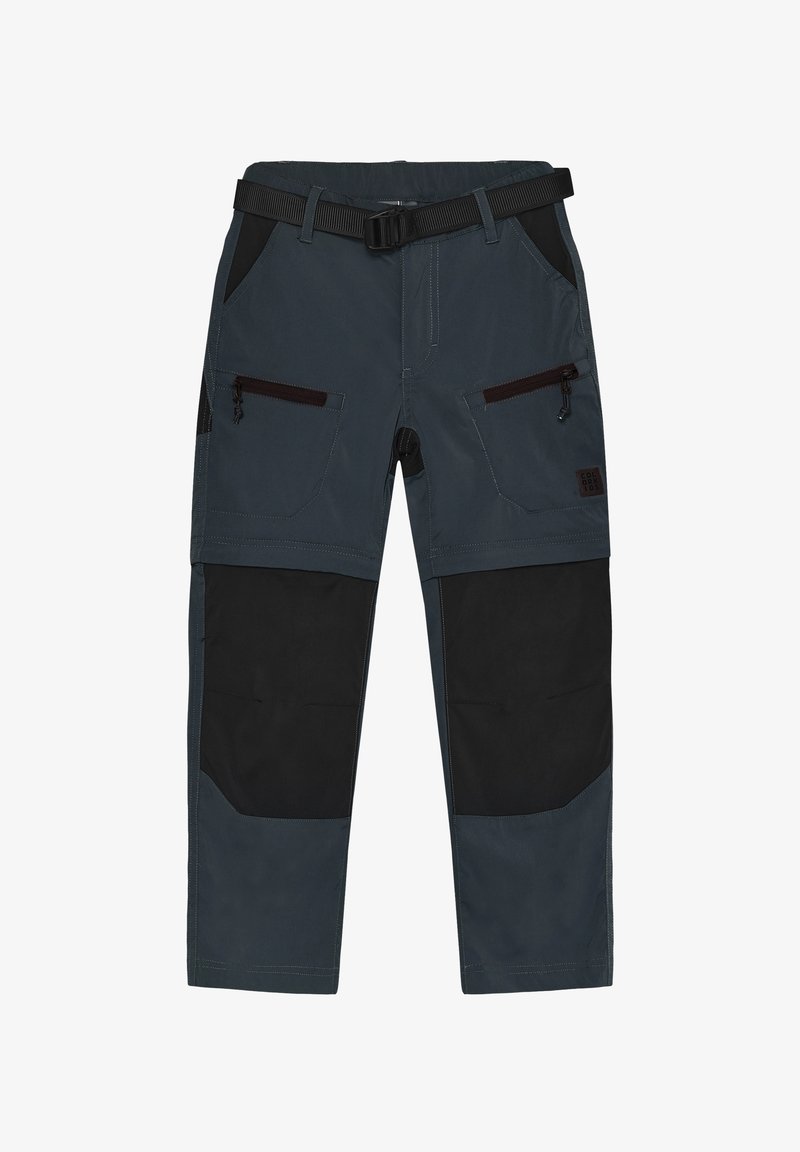 Donkere grijze werkbroeken met zwarte verstevigde knieën, ritszakken op het bovenbeen, steekzakken aan de zijkant en een aangehechte zwarte riem met gesp.