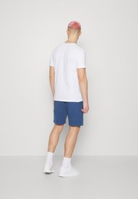 Hvit t-skjorte med korte ermer kombinert med blå shorts. Figuren har på seg hvite joggesko og hvite ankelsokker, og står med ryggen til kameraet.