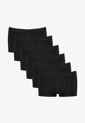 Mustat puuvillaiset bokserit, joissa on pehmeä elastinen vyötärönauha ja "Sloggi"-logo, neljä paria esillä rivissä, sileä pinta.