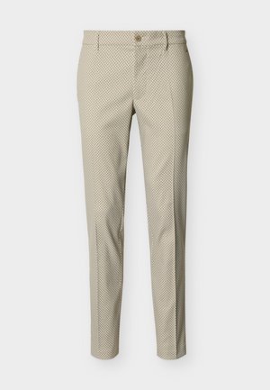 Bež prilagojene hlače z nežnim cikcak vzorcem, z zapenjanjem z gumbi spredaj, zankami za pas in ozkimi ravnimi nogavicami.
