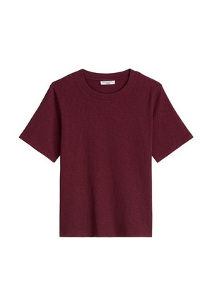 T-shirt met korte mouwen en een ronde hals in effen donker bordeauxrood, gemaakt van zachte katoenen stof.