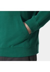 Sudadera verde con bolsillo canguro, puños y dobladillo acanalados. La tela tiene una textura suave, adecuada para el uso diario.