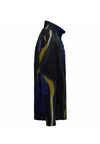 Giacca in fleece con colletto alto, caratterizzata da un motivo camouflage blu, verde e giallo. Tasca laterale con zip e maniche lunghe.